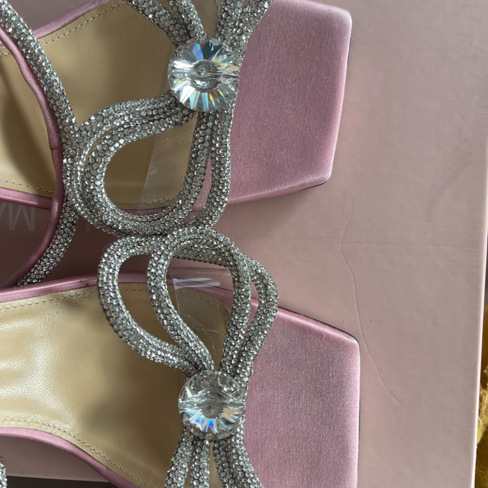Mach & Mach Pink Double Crystal Bow Square Toe Sandal Size 37.5 - Picture 3 of 6